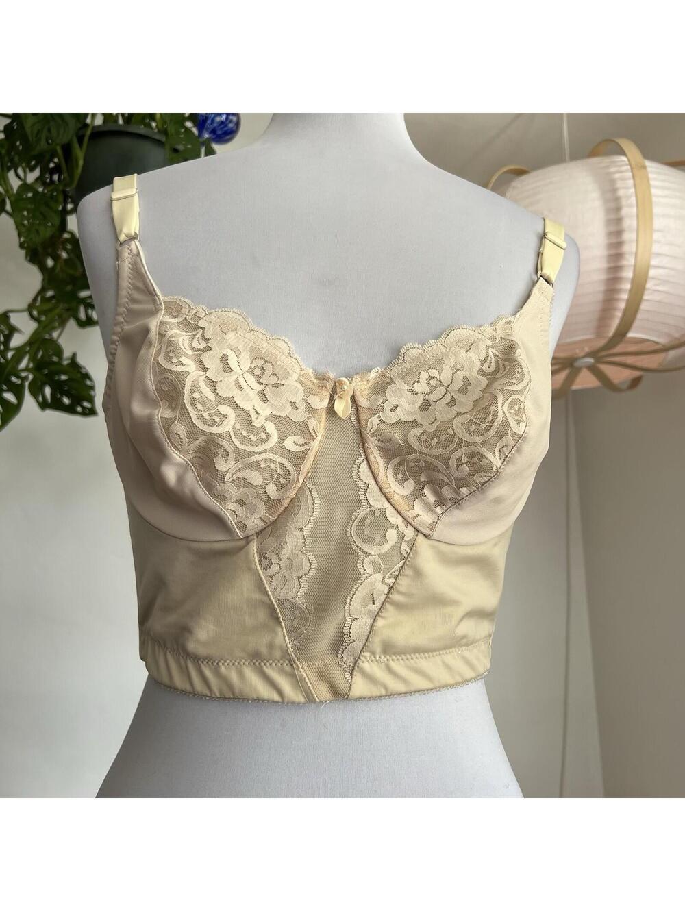 Vintage Subtract Elite Longline Bra 36B Nude Lace ILGWU Union Made 70s Archival
